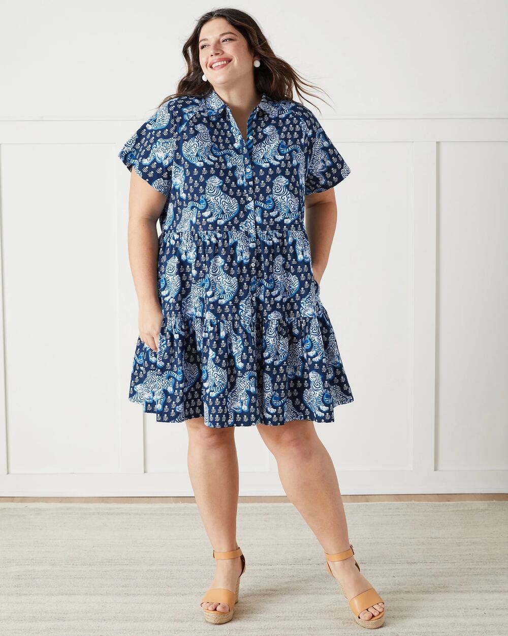 PrintFresh Navy Tiger Print Cotton Shirt Dress